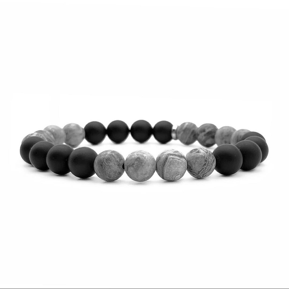 8mm Marble & Black Matte Agate Gemstone Bracelet.